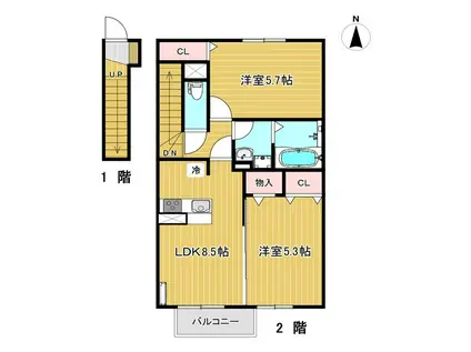 ユニティー咲田A(2DK/2階)の間取り写真