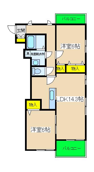 ソレイユ藤塚町(2LDK/2階)の間取り写真