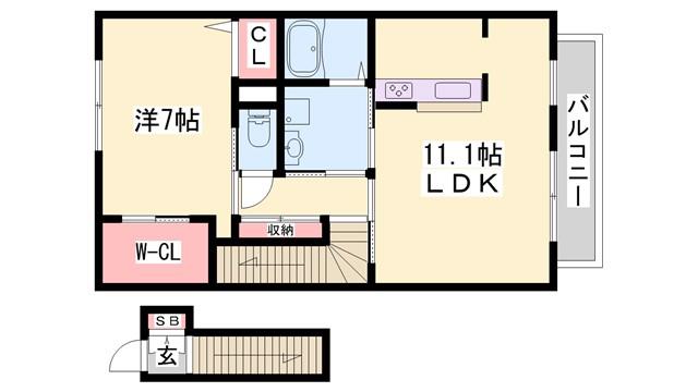 クレアーB棟(1LDK/2階)の間取り写真