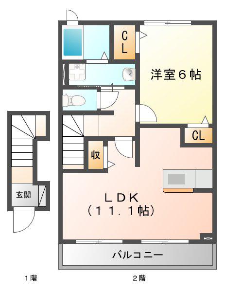 サザンクロス(1LDK/2階)の間取り写真