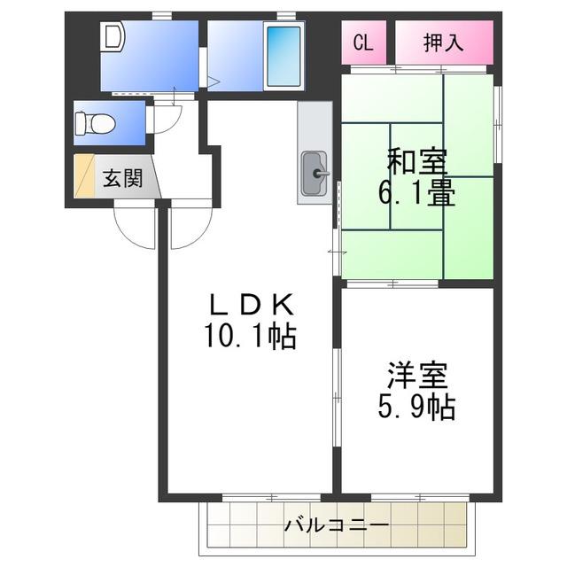 ソレイユ北庄B棟(2LDK/1階)の間取り写真