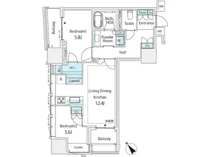 ミレアコート銀座プレミア(2LDK/9階)の間取り写真