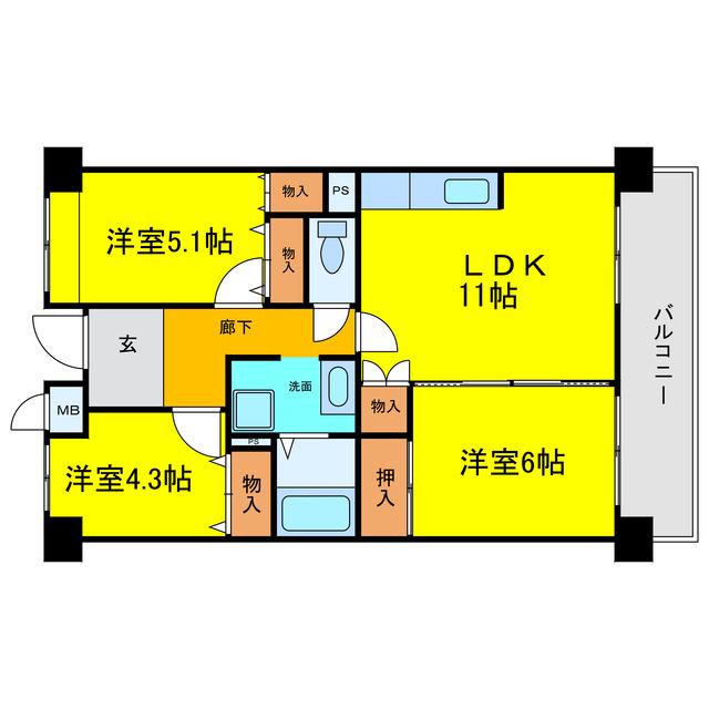 CH158RESIDENCE NAKANOSHIMA(3LDK/7階)の間取り写真