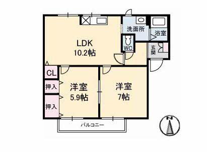 エスパディB棟(2LDK/2階)の間取り写真