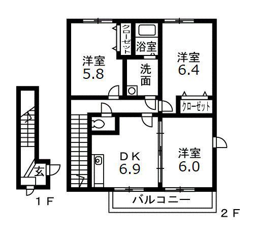 レジデンス楡の木II(3DK/2階)の間取り写真