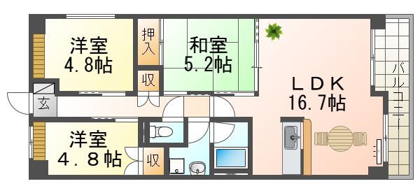 崇徳院ハイツN棟(3LDK/5階)の間取り写真