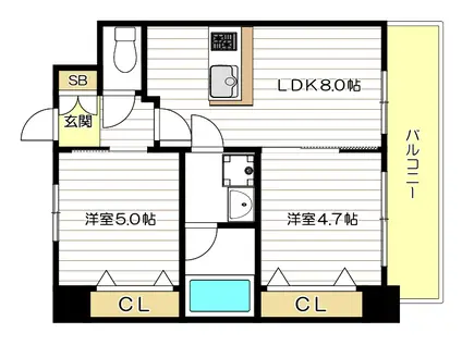 エステムプラザ難波ウエストII プレディア(2DK/13階)の間取り写真