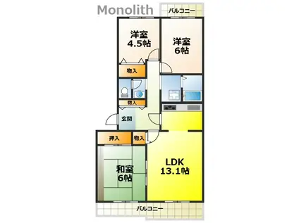 いぶき野三丁目6棟(3LDK/2階)の間取り写真