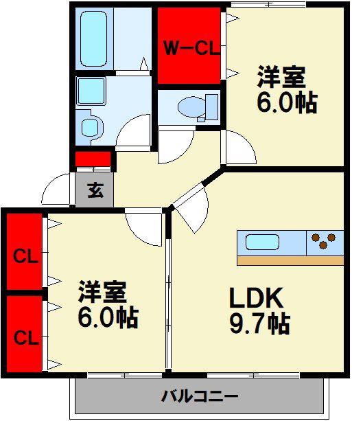 ティーハウス(2LDK/2階)の間取り写真