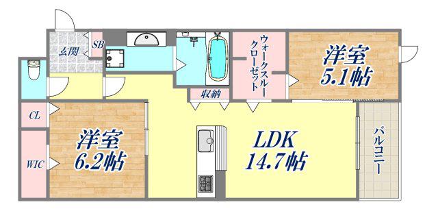シーグレース浜甲子園(2LDK/2階)の間取り写真