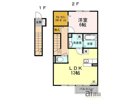 ソレアード B棟(1LDK/2階)の間取り写真