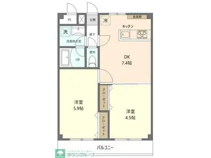 イーストタイガー(2DK/1階)の間取り写真
