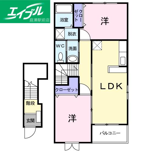 オーブリー金光C棟(2LDK/2階)の間取り写真