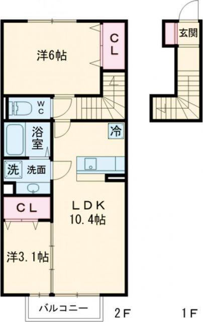 コスモ木屋瀬 A棟(2LDK/2階)の間取り写真