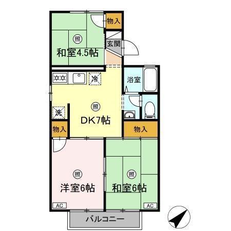 セジュールオークB棟(3DK/1階)の間取り写真