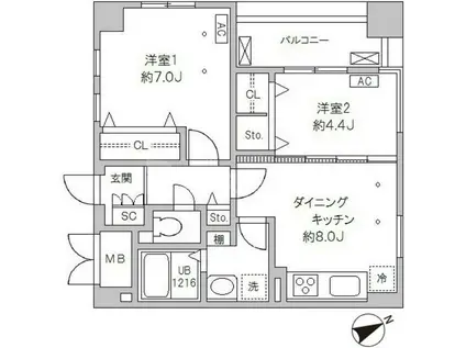 SUN SPRING TOWER(2DK/10階)の間取り写真