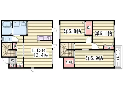 クラヴィエ南町ノ坪C棟(3LDK/1階)の間取り写真