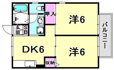 阪急今津線 甲東園駅 徒歩6分 2階建 築34年(2DK/1階)の間取り写真