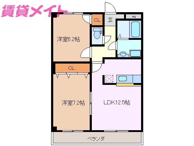 ルシェンテ下之宮(2LDK/3階)の間取り写真