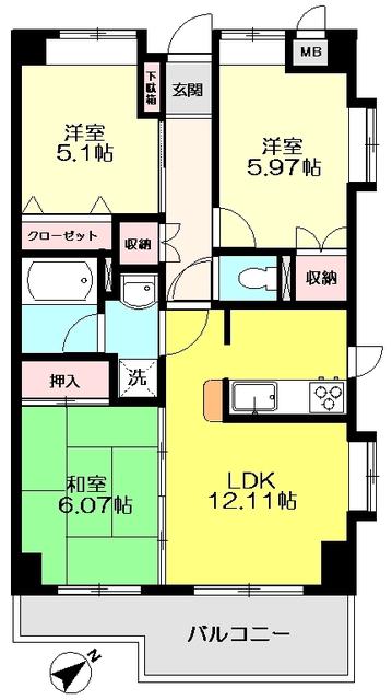 コスモリード本厚木(3LDK/5階)の間取り写真