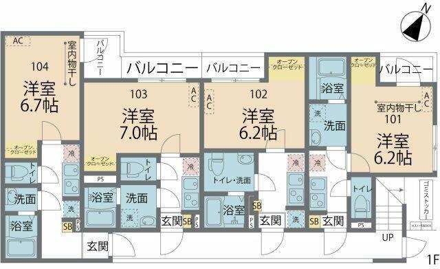 カインドネス小田急相模原サウス(1K/1階)の間取り写真