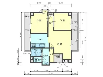 ライオンズマンション三木町(2LDK/8階)の間取り写真