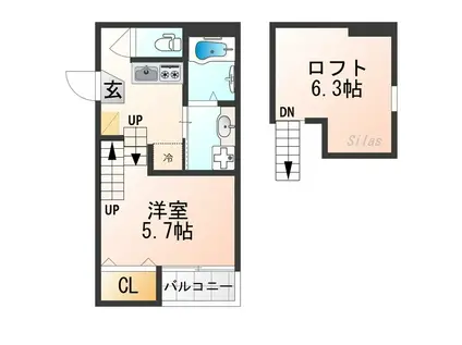 ハーモニーテラス淀下津町II(1K/2階)の間取り写真