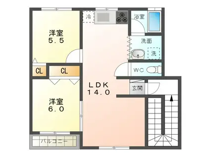 コーポ21B(2LDK/3階)の間取り写真