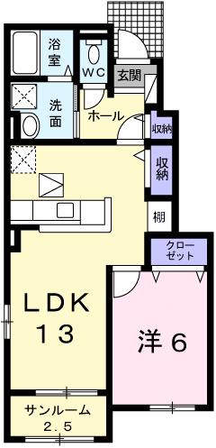 ソレイユB(1LDK/1階)の間取り写真