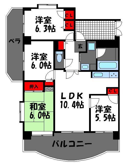 ライオンズマンション名島(4LDK/3階)の間取り写真