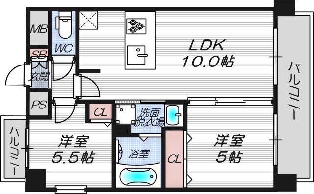エスライズ新大阪フロント(2LDK/13階)の間取り写真