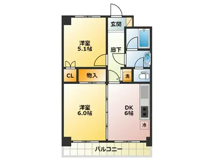 プライムアーバン武蔵野ヒルズA棟(2DK/1階)の間取り写真
