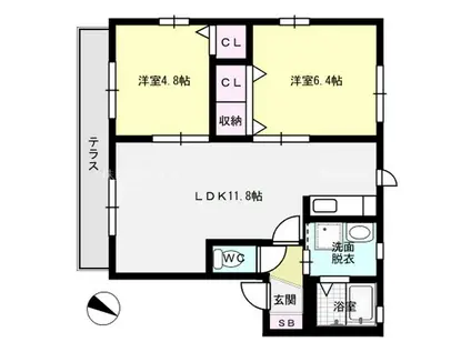 天神山筑紫館 B棟(2LDK/1階)の間取り写真