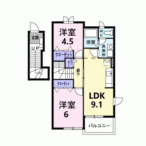 ル.レーヴ A(2LDK/2階)の間取り写真