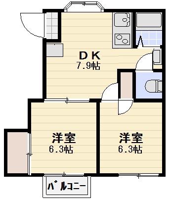 イシイサンヴィレーッジA棟(2DK/2階)の間取り写真