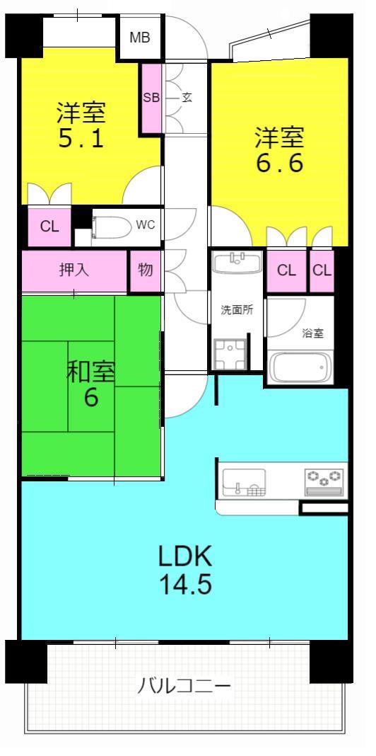 西宮松原町パーク・ホームズ(3LDK/4階)の間取り写真