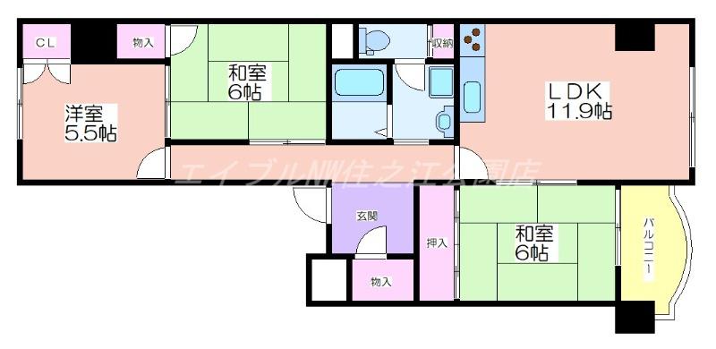 かもめ第一コーポ 12号棟(3LDK/9階)の間取り写真