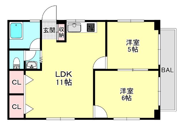 カァサー六甲(2LDK/5階)の間取り写真