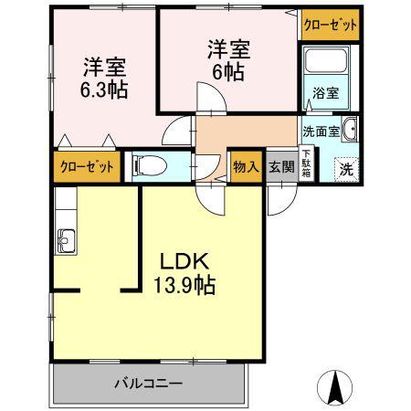 パインズコート新居E(2LDK/2階)の間取り写真