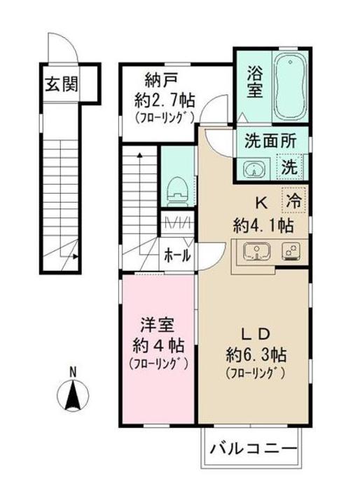 DUO 南台 B(1LDK/2階)の間取り写真