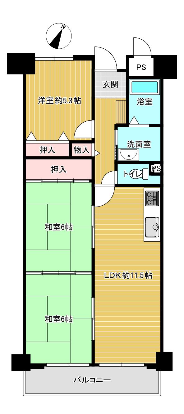 松嶌マンション西緑丘(3LDK/5階)の間取り写真