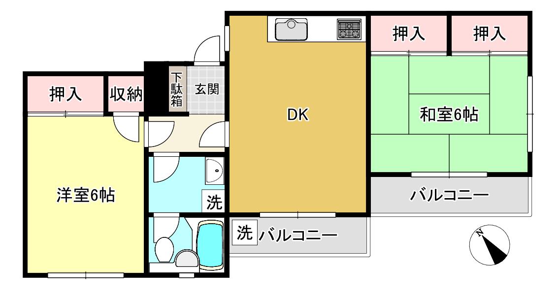 大原ガーデニア(2DK/1階)の間取り写真