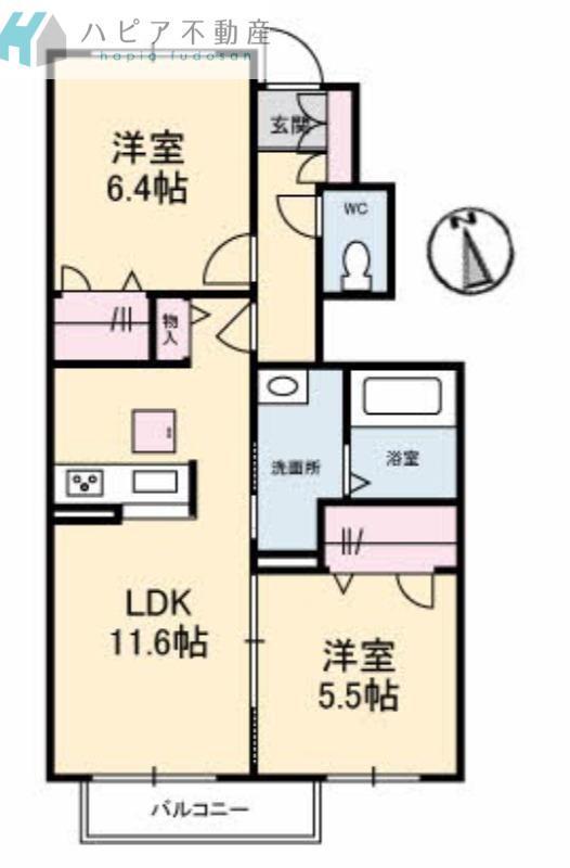 グレイス潮音 B棟(2LDK/1階)の間取り写真