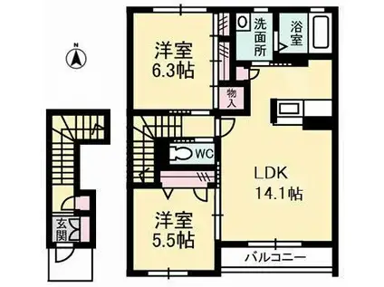 シャーメゾン黒石(2LDK/2階)の間取り写真