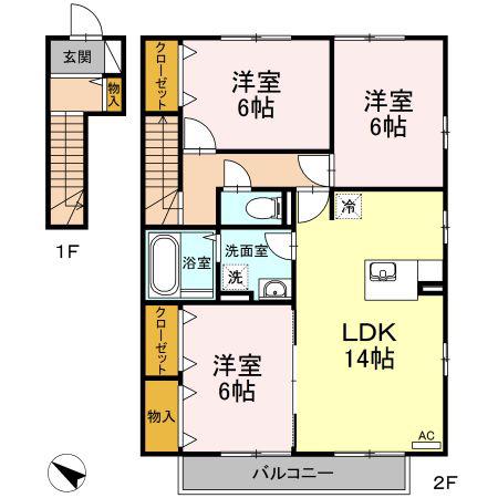 グランディオーソ 2ND(3LDK/2階)の間取り写真