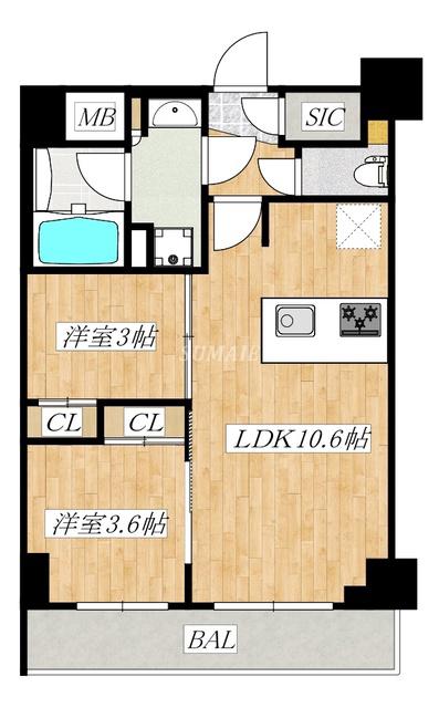 アジールコート山手動坂(2LDK/6階)の間取り写真