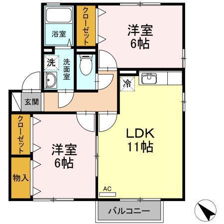 グランヴィラージュB(2LDK/2階)の間取り写真