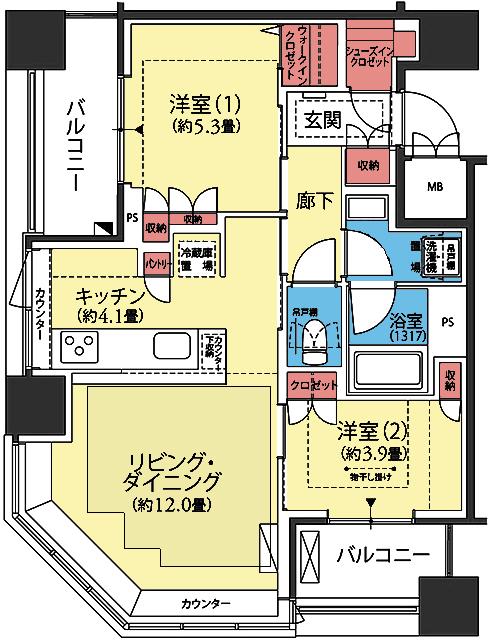 フロール横濱関内(2LDK/9階)の間取り写真