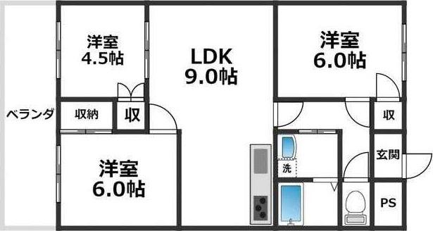 サンライフ弁天(3DK/3階)の間取り写真