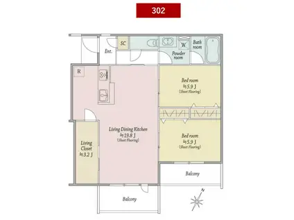 MOCXION扇(2LDK/3階)の間取り写真